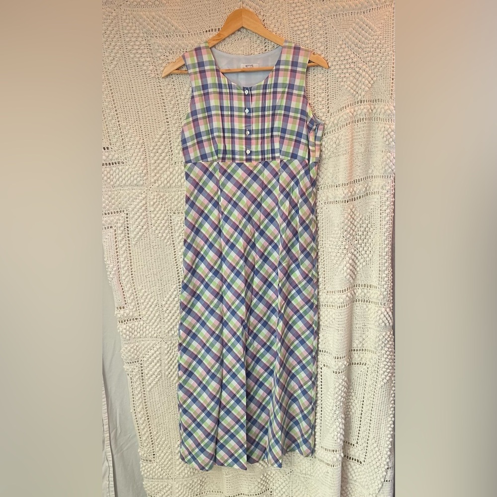 Vintage Plaid 1940s Maxi Dress Purple & Green - Size Medium Retro 100% Cotton